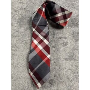 Express Mens Silk Necktie Red Burgundy Grey White Plaid Pattern Dress Tie NEW